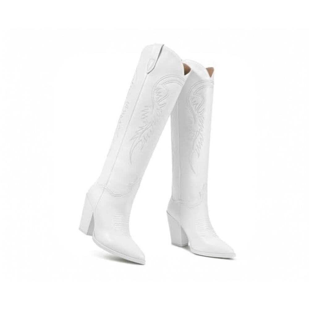 White Western Cowgirl Summer Festival Concert Chunky Heeled Cowboy Boots Sz 10